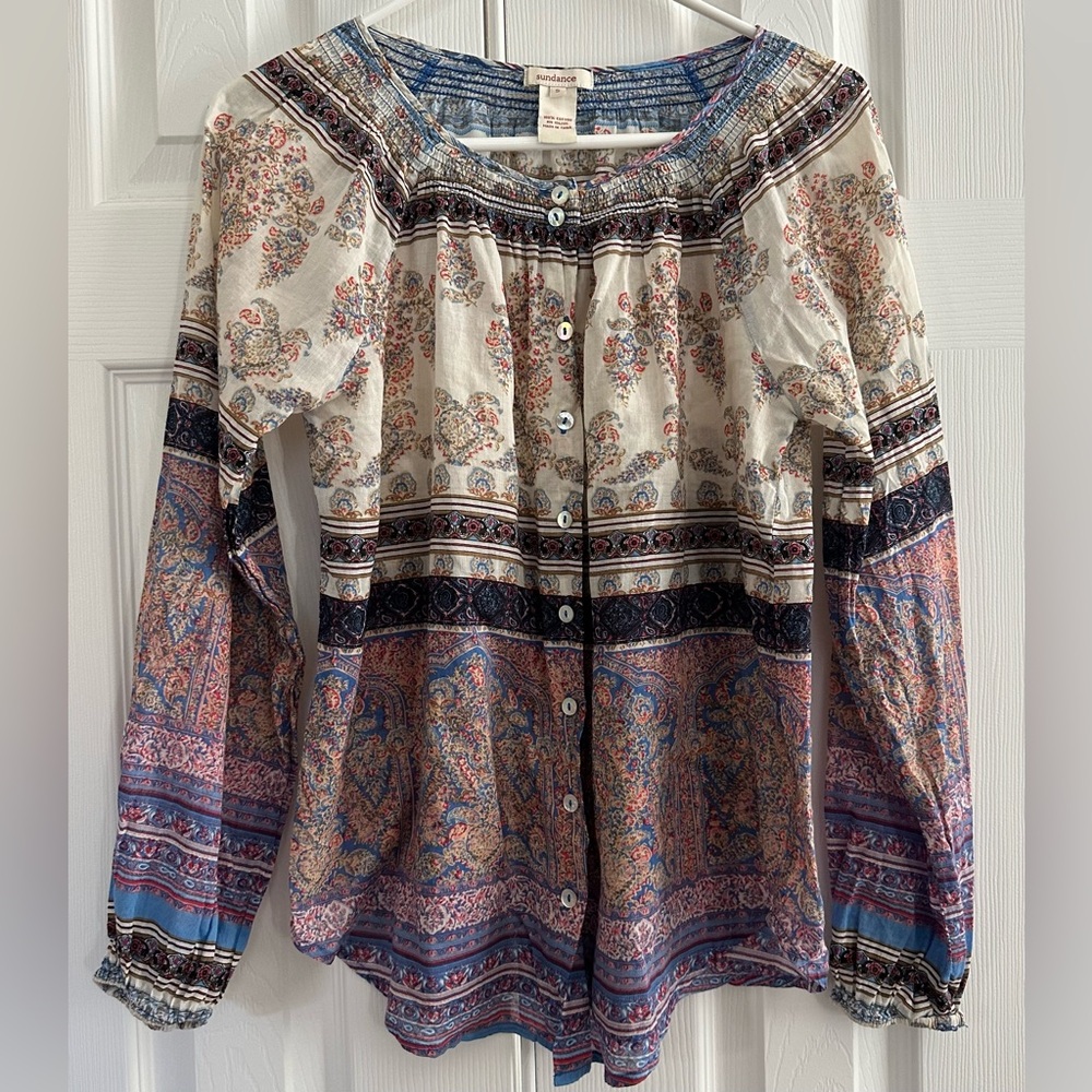 Sundance Women’s Paisley Cotton Batiste Bohemian Button-Up Blouse size small
